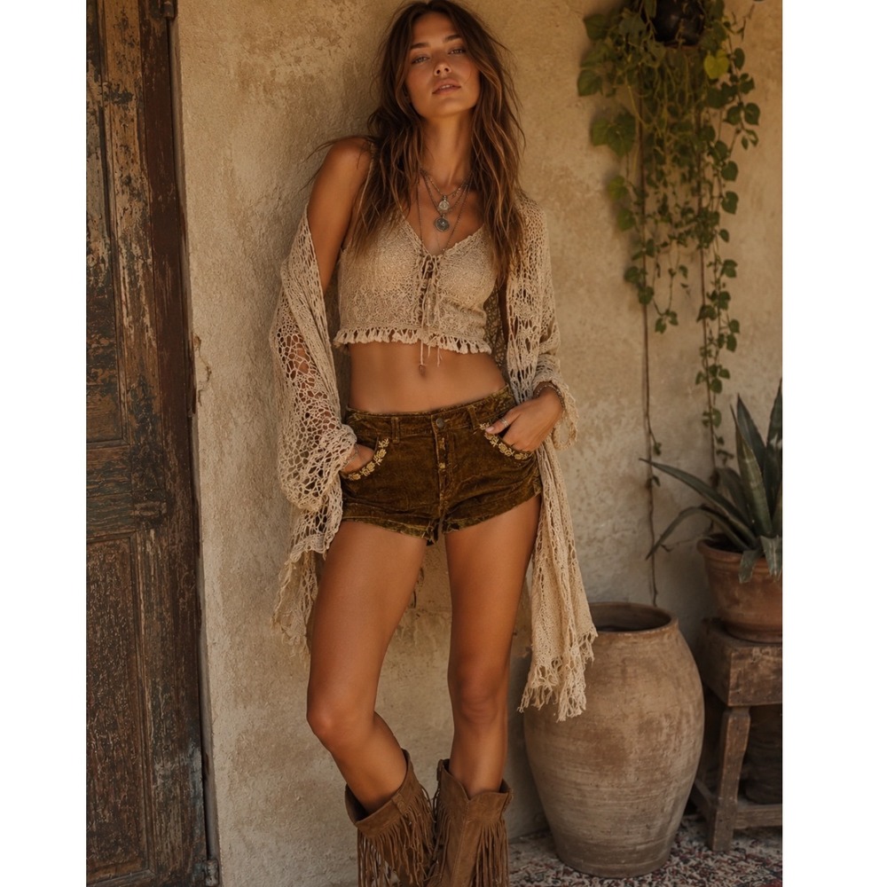 Free People Vintage Green Velvet Embroidered Boho Shorts Festival Floral Rare 10